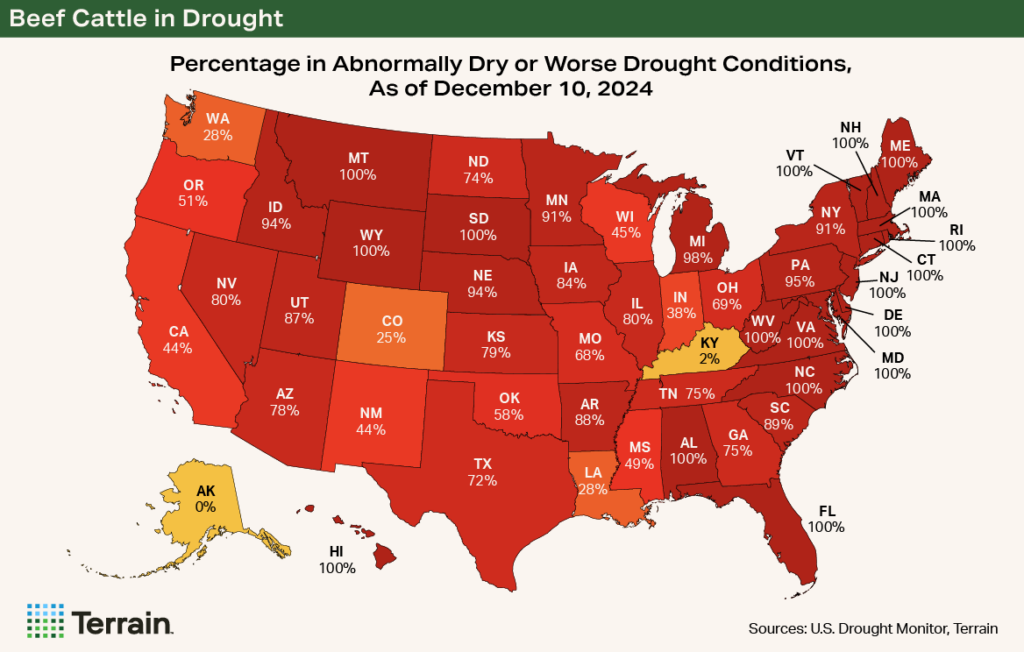 Map showing states with Beef in Drought conditions, as of December 10, 2024