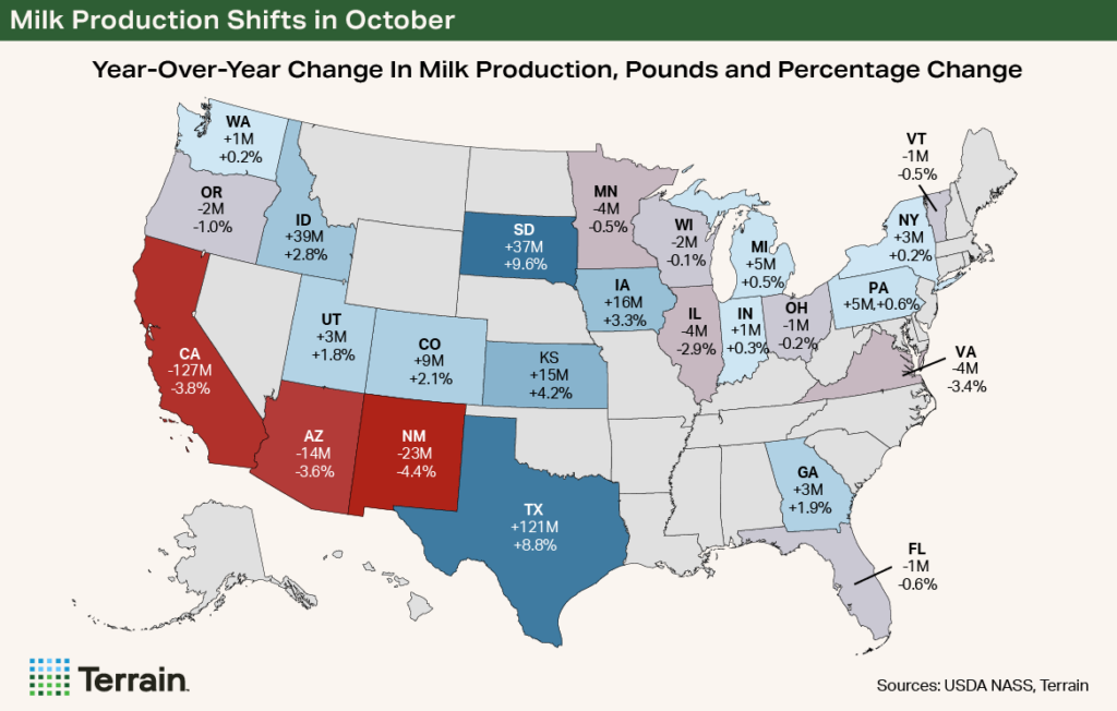 Map showing Milk Production Shifts in October