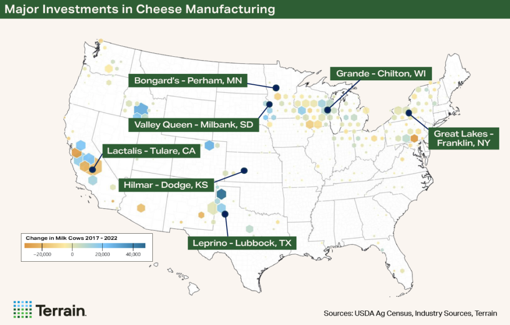 Map showing seven U.S. cheese plant locations, titled Major Investments in Cheese Manufacturing,