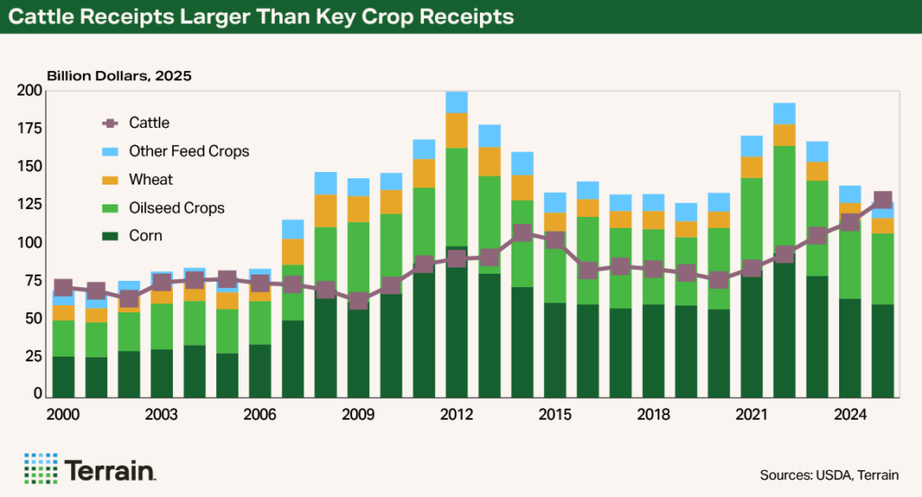 Rural Economist Fall 2025 - Chart 2 Cattle Receipts Larger Than Key Crop Receipts Rural Economist Fall 2025 - Chart 2 Cattle Receipts Larger Than Key Crop Receipts