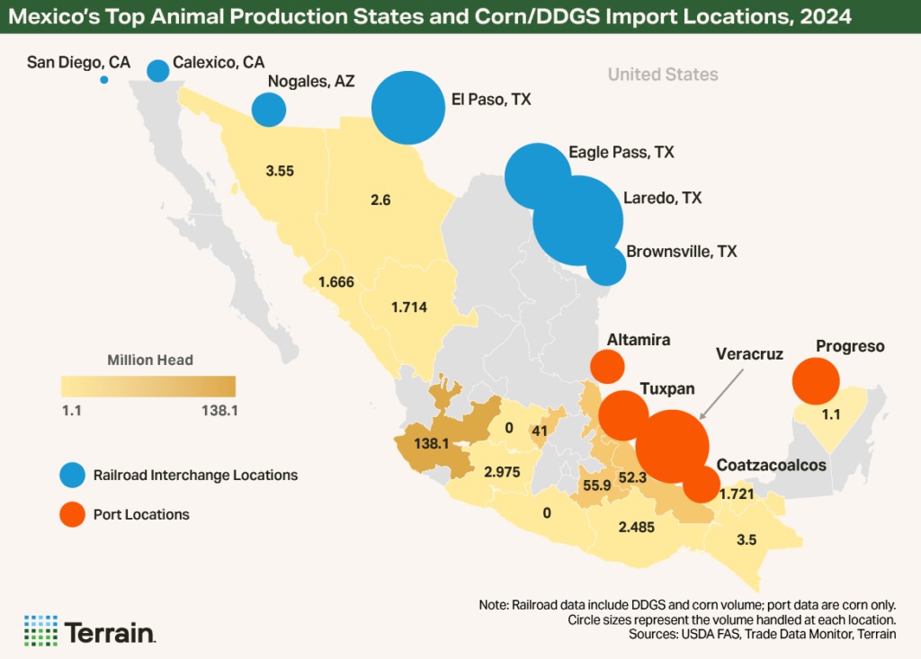 Mexico Report 2025 - Map 1 - Mexico's Top Animal Production States and Corn/DDGS Import Locations, 2024 Mexico Report 2025 - Map 1 - Mexico's Top Animal Production States and Corn/DDGS Import Locations, 2024